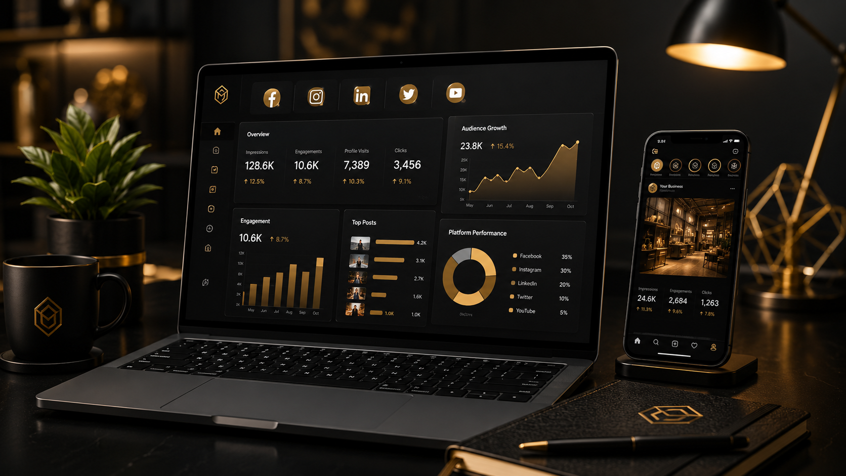 Social-Media-Marketing-Analysen auf einem Laptop und Smartphone